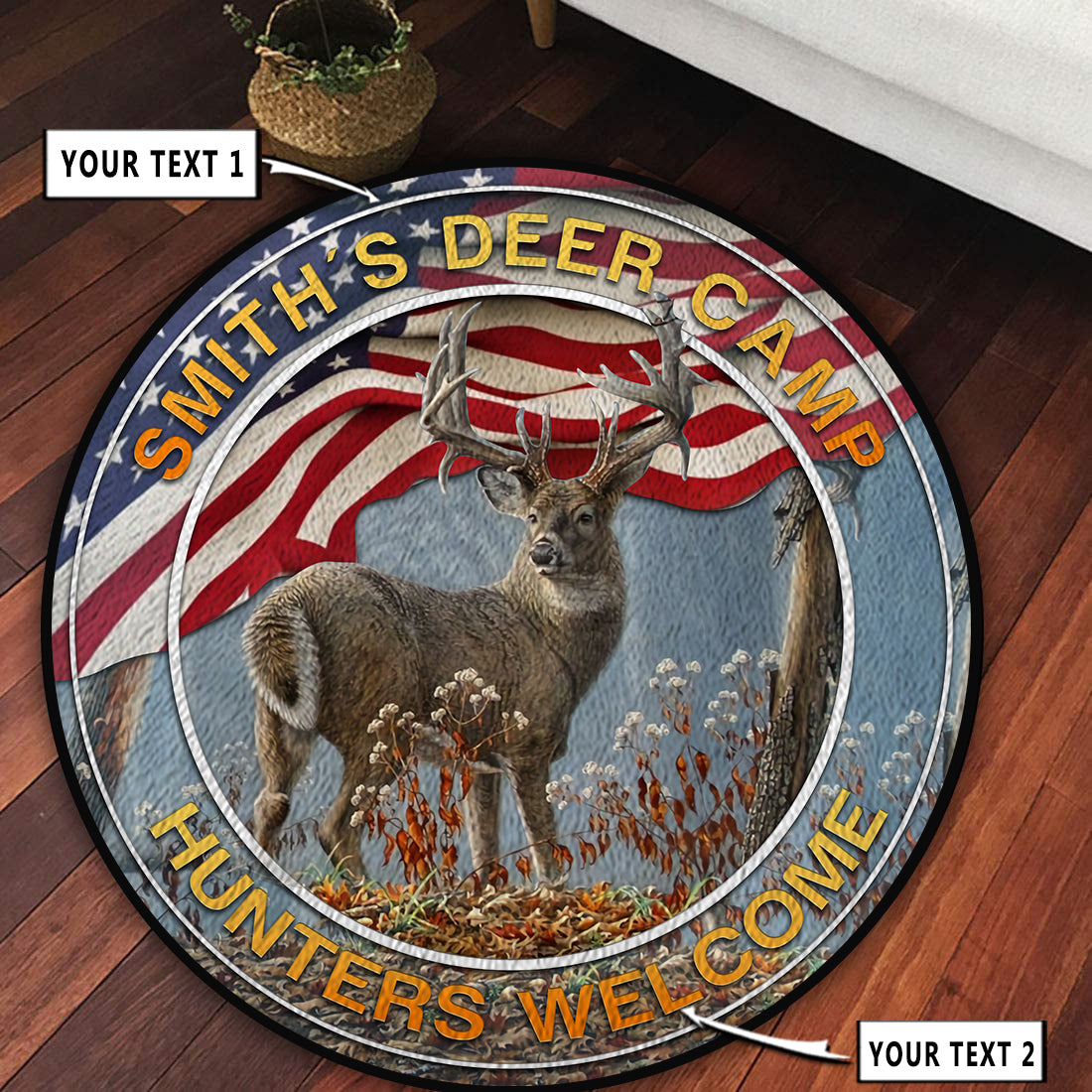 Personalized Deer Hunting American Flag Round Rug, Carpet