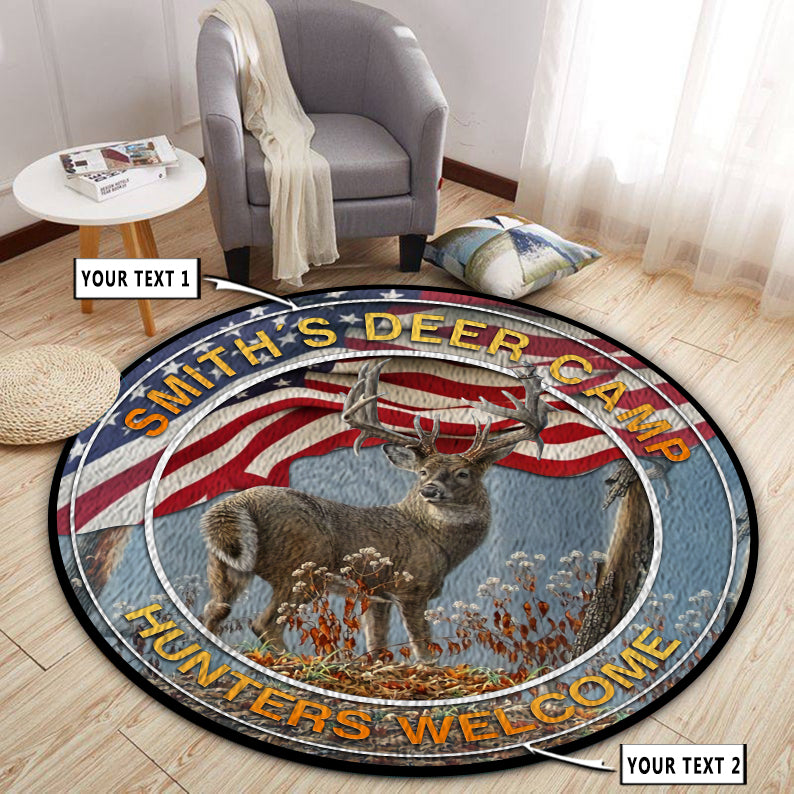 Personalized Deer Hunting American Flag Round Rug, Carpet