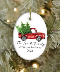 Personalized Family Christmas Ceramic Ornament, Custom Red Tractor Family Keepsake, Family Ornament, Gift For Christmas 2022