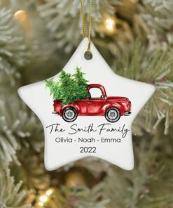 Personalized Family Christmas Ceramic Ornament, Custom Red Tractor Family Keepsake, Family Ornament, Gift For Christmas 2022