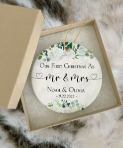 Personalized First Christmas As Mr Mrs Ceramic Ornament, Custom Married Christmas Ornament, Greenery Married Keepsake, Classic Ornament