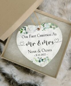 Personalized First Christmas As Mr Mrs Ceramic Ornament, Custom Married Christmas Ornament, Greenery Married Keepsake, Classic Ornament