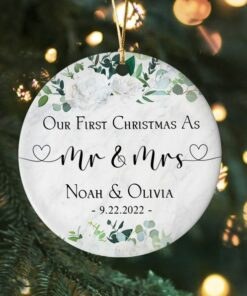Personalized First Christmas As Mr Mrs Ceramic Ornament, Custom Married Christmas Ornament, Greenery Married Keepsake, Classic Ornament