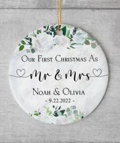 Personalized First Christmas As Mr Mrs Ceramic Ornament, Custom Married Christmas Ornament, Greenery Married Keepsake, Classic Ornament