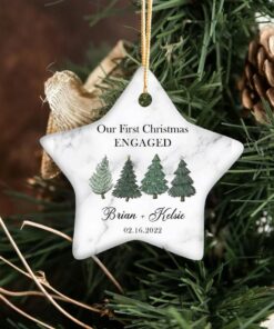 Personalized First Christmas Engaged Ceramic Ornament, Custom 2022 Christmas Ornament With Names, Just Engaged, Engagement Gift For Couple