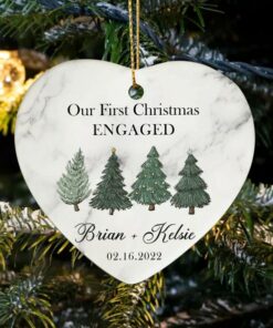 Personalized First Christmas Engaged Ceramic Ornament, Custom 2022 Christmas Ornament With Names, Just Engaged, Engagement Gift For Couple