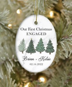 Personalized First Christmas Engaged Ceramic Ornament, Custom 2022 Christmas Ornament With Names, Just Engaged, Engagement Gift For Couple