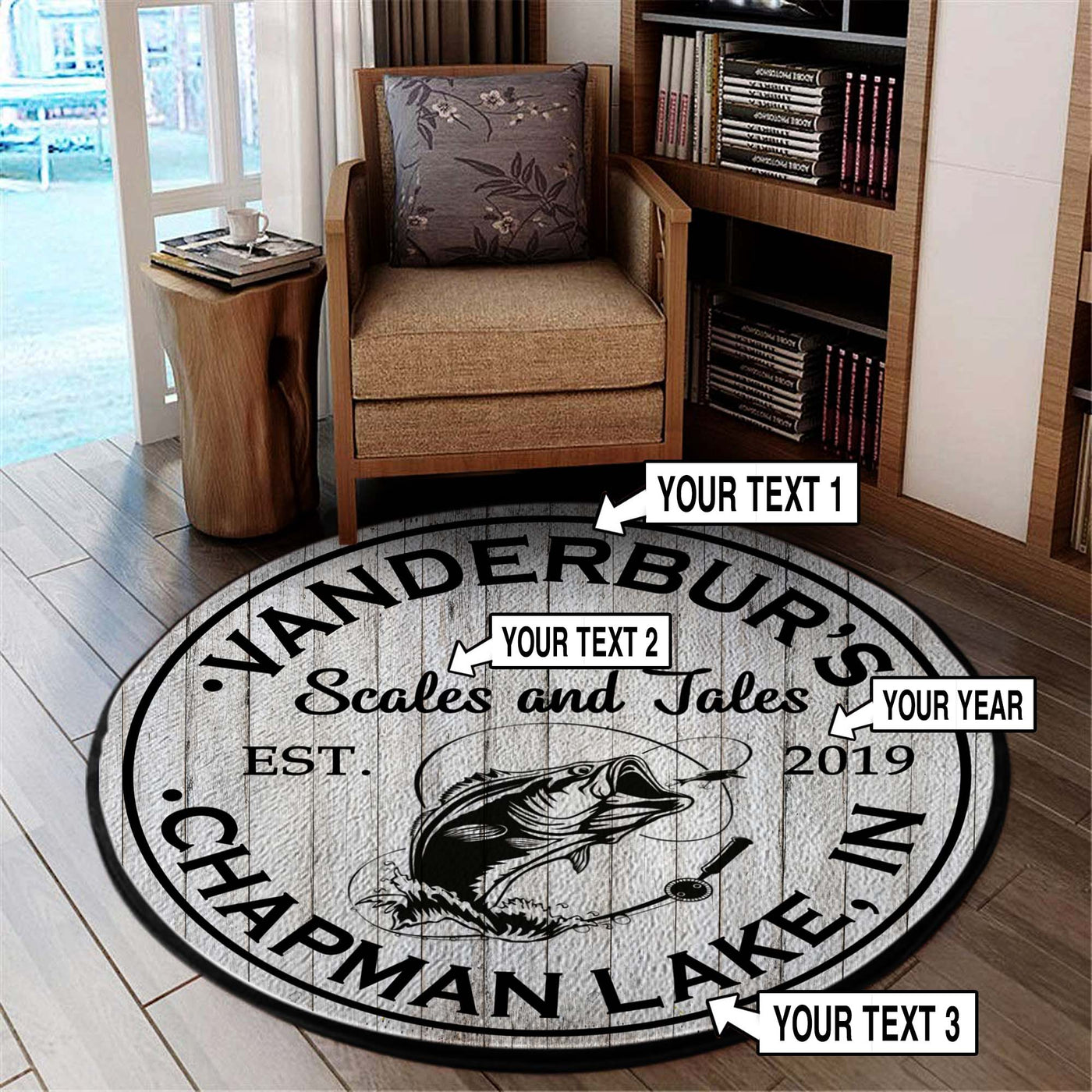 Personalized Fishing Bass Round Rug, Carpet Bluefink