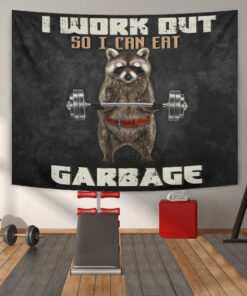 Personalized Funny Gym Flags Banner Tapestry Raccoon Weightlifting