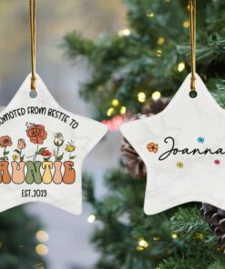 Personalized Gift For Auntie, Wildflowers Enamel Ceramic Ornament Promoted From Bestie To Auntie, Pregnancy Announcement Gift, Aunt To Be