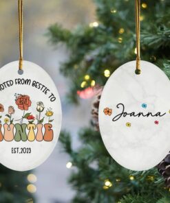 Personalized Gift For Auntie, Wildflowers Enamel Ceramic Ornament Promoted From Bestie To Auntie, Pregnancy Announcement Gift, Aunt To Be