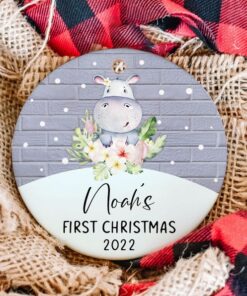 Personalized Hippopotamus Baby's First Christmas Ceramic Ornament, Custom First Christmas Ornament, 1st Christmas 2022 Cute Baby Keepsake