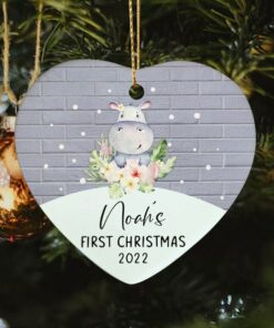 Personalized Hippopotamus Baby's First Christmas Ceramic Ornament, Custom First Christmas Ornament, 1st Christmas 2022 Cute Baby Keepsake