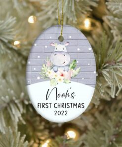 Personalized Hippopotamus Baby's First Christmas Ceramic Ornament, Custom First Christmas Ornament, 1st Christmas 2022 Cute Baby Keepsake
