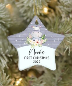 Personalized Hippopotamus Baby's First Christmas Ceramic Ornament, Custom First Christmas Ornament, 1st Christmas 2022 Cute Baby Keepsake