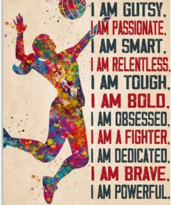 Personalized I Am Strong I Am Gutsy Poster, Watercolor Volleyball Girl Custom Poster Wall Hangings Canvas Gifts For Volleyball Players