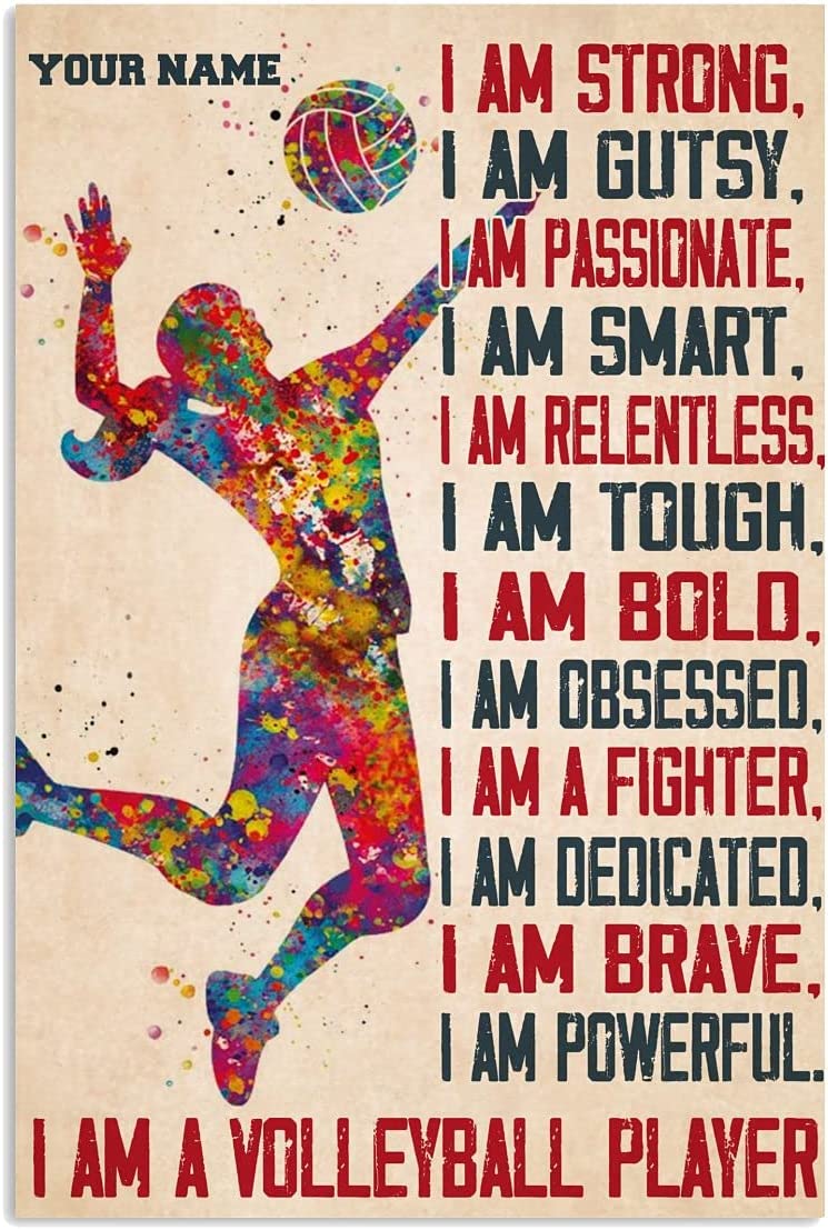 Personalized I Am Strong I Am Gutsy Poster, Watercolor Volleyball Girl Custom Poster Wall Hangings Canvas Gifts For Volleyball Players
