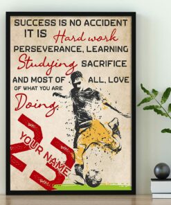 Personalized Name Number Soccer Poster Success Is No Accident Wall Art Canvas Inspirational Gift for Soccer Player Sports Lover