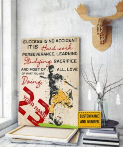 Personalized Name Number Soccer Poster Success Is No Accident Wall Art Canvas Inspirational Gift for Soccer Player Sports Lover