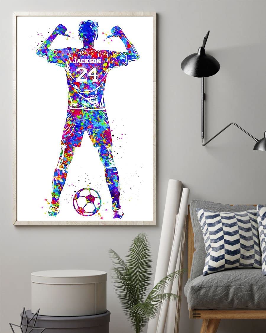 Personalized Soccer Player Watercolor Name Number Custom Poster Canvas Framed Wall Art Hangings Meaning Gifts for Son Soccer Boys Sports Lovers