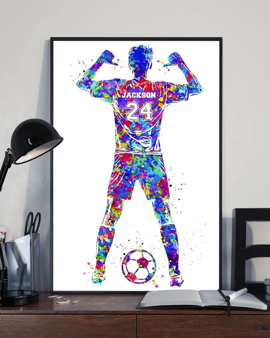 Personalized Soccer Player Watercolor Name Number Custom Poster Canvas Framed Wall Art Hangings Meaning Gifts for Son Soccer Boys Sports Lovers
