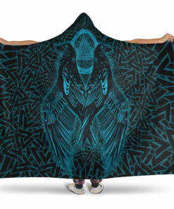 Raven Valknut Cyan Viking Hooded Blanket