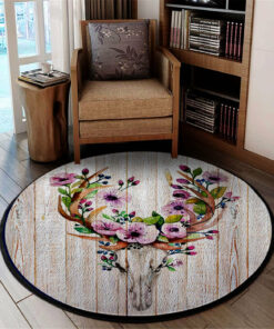 Skull Deer Flower Round Rug, Carpet