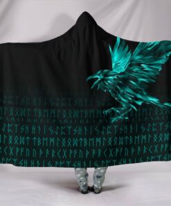 The Raven Of Odin Rune Cyan Viking Hooded Blanket