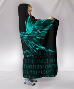 The Raven Of Odin Rune Cyan Viking Hooded Blanket
