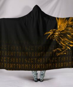 The Raven Of Odin Rune Gold Viking Hooded Blanket