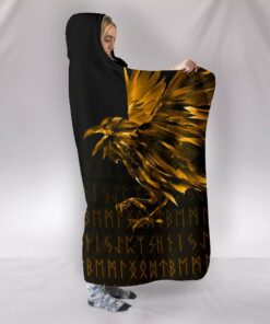 The Raven Of Odin Rune Gold Viking Hooded Blanket