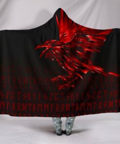 The Raven Of Odin Rune Red Viking Hooded Blanket