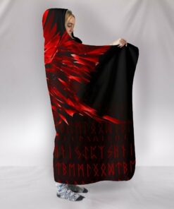 The Raven Of Odin Rune Red Viking Hooded Blanket