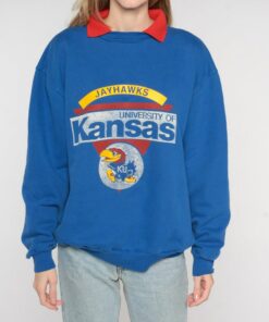 University of Kansas Sweatshirt 90s Blue Jayhawks Collared Sweatshirt KU Football Graphic College Sweater Vintage 1990s Mens