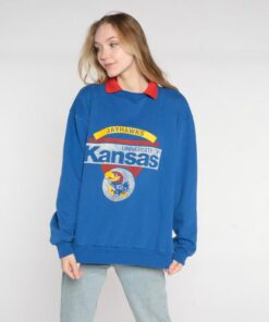 University of Kansas Sweatshirt 90s Blue Jayhawks Collared Sweatshirt KU Football Graphic College Sweater Vintage 1990s Mens