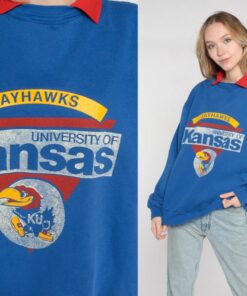 University of Kansas Sweatshirt 90s Blue Jayhawks Collared Sweatshirt KU Football Graphic College Sweater Vintage 1990s Mens