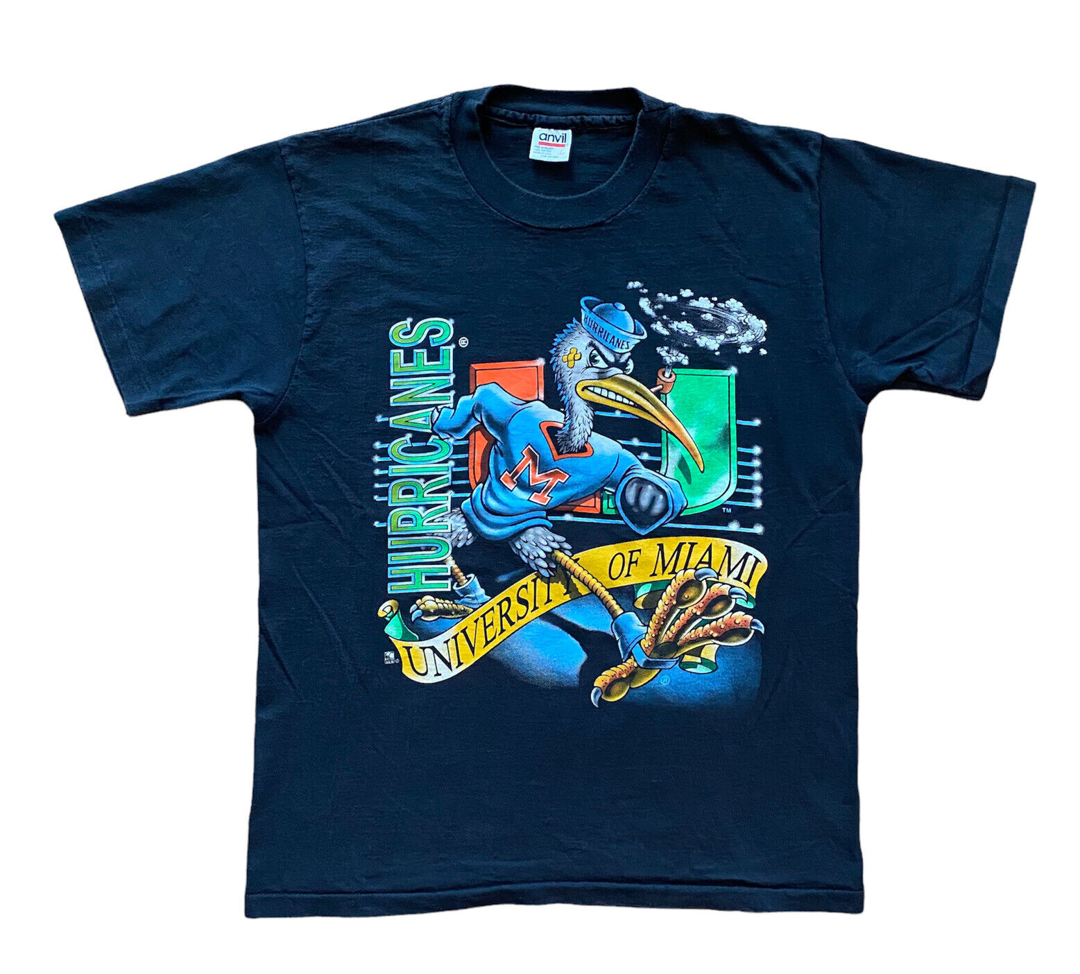 VTG 90s Miami Hurricanes Team Logo Black T Shirt LARGE Native Sun Graphic Anvil