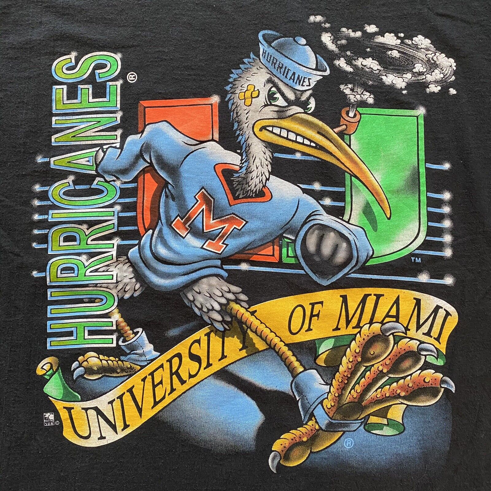 VTG 90s Miami Hurricanes Team Logo Black T Shirt LARGE Native Sun Graphic Anvil