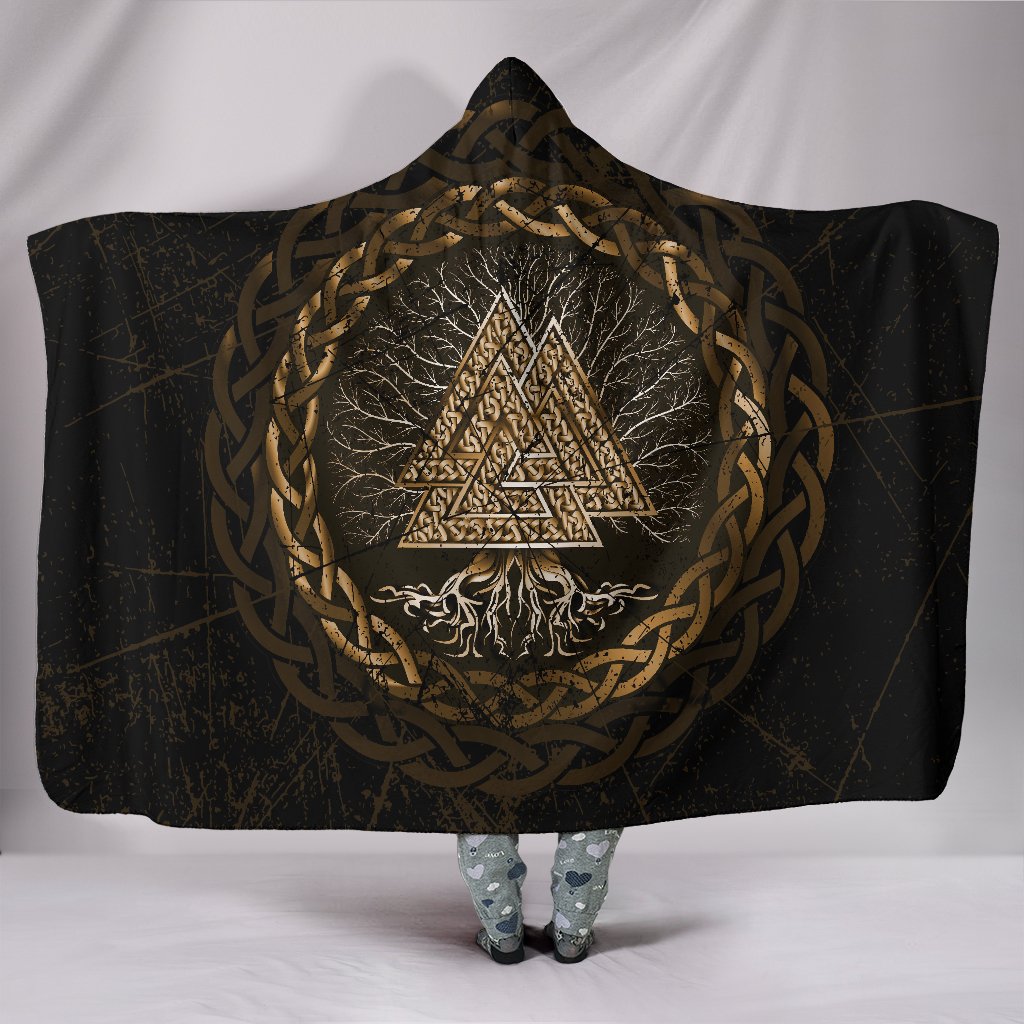 Viking Celtic and Valknut and Tree of Life Yggrdrasil Hooded Blanket