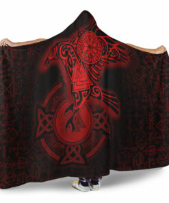 Viking Hooded Blanket, Celtic Raven Red Viking Homeset Hooded Blanket