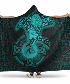 Viking Hooded Blanket, Celtic Raven Turquoise Viking Homeset Hooded Blanket