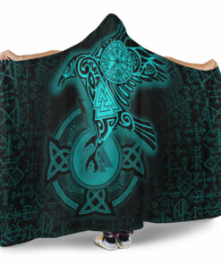 Viking Hooded Blanket, Celtic Raven Turquoise Viking Homeset Hooded Blanket