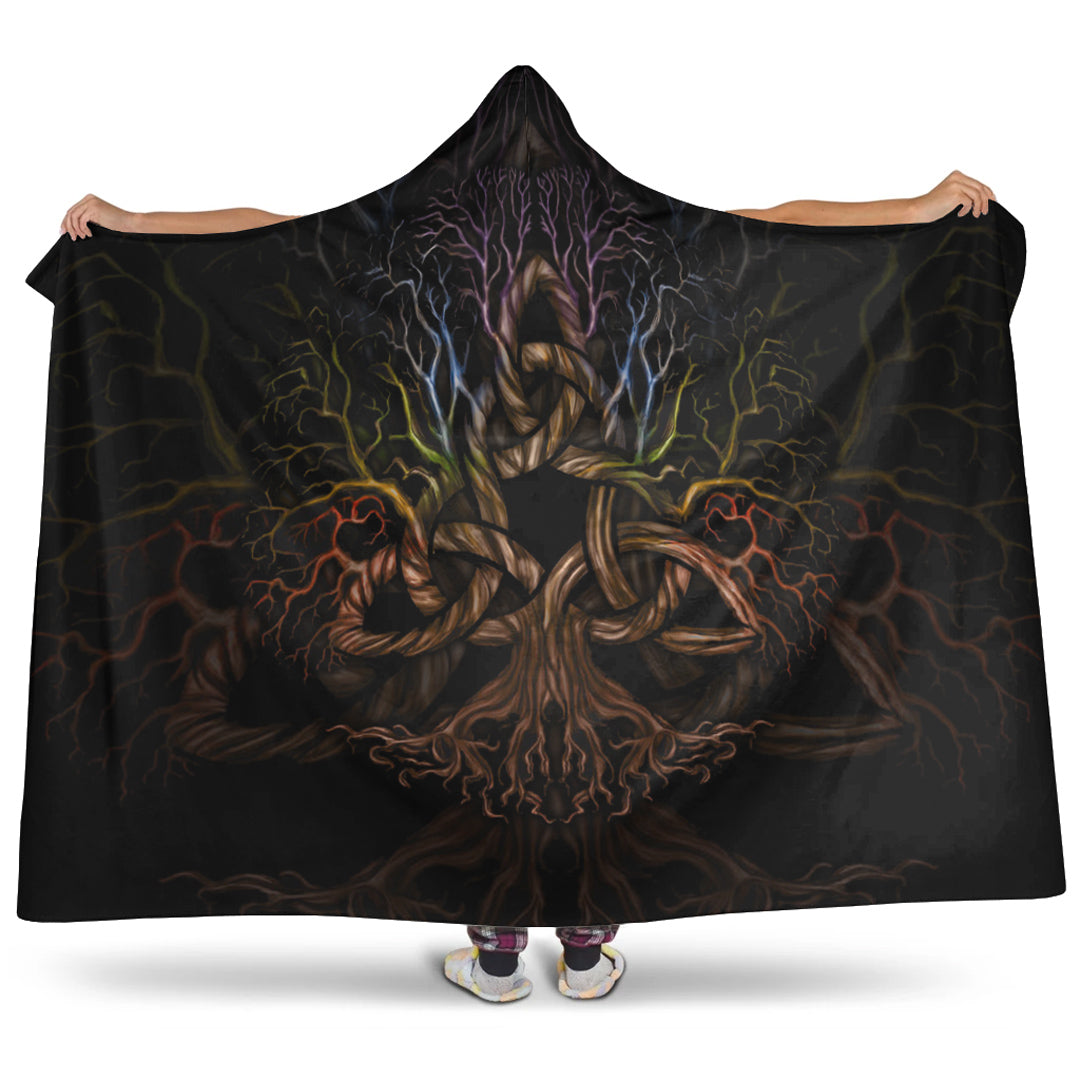 Viking Hooded Blanket, Colorful Tree of Life With Triquetra Hooded Blanket