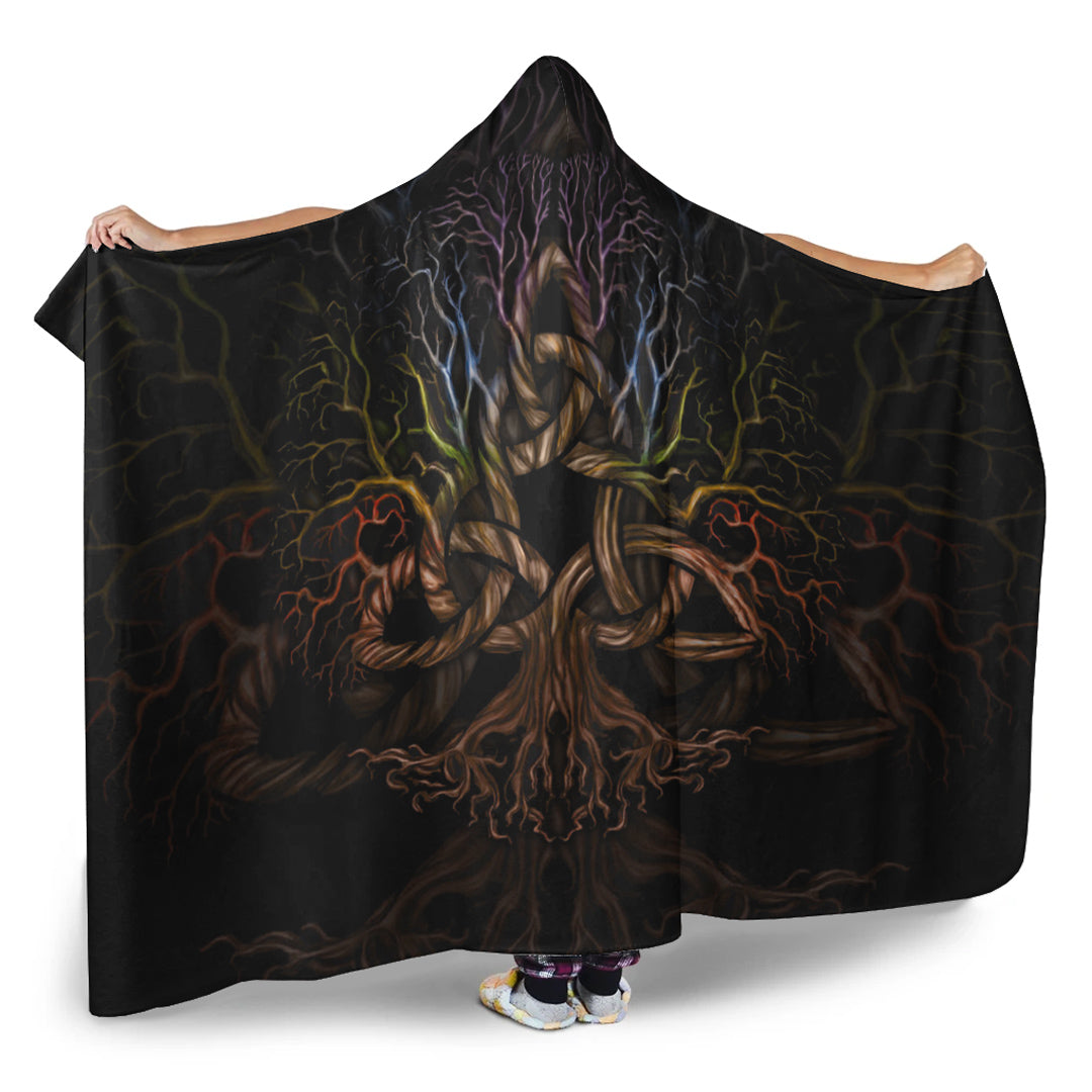 Viking Hooded Blanket, Colorful Tree of Life With Triquetra Hooded Blanket