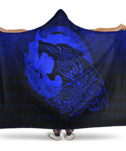 Viking Hooded Blanket, Fenrir Viking 3D Tattoo, Blue Version Hooded Blanket