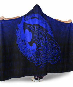 Viking Hooded Blanket, Fenrir Viking 3D Tattoo, Blue Version Hooded Blanket