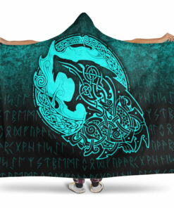 Viking Hooded Blanket, Fenrir Viking 3D Tattoo, Cyan Version Hooded Blanket