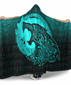 Viking Hooded Blanket, Fenrir Viking 3D Tattoo, Cyan Version Hooded Blanket