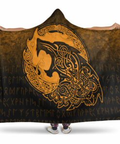 Viking Hooded Blanket, Fenrir Viking 3D Tattoo, Gold Version Hooded Blanket