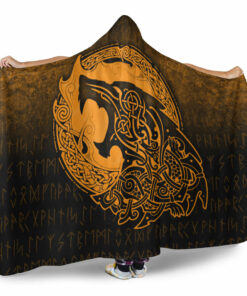 Viking Hooded Blanket, Fenrir Viking 3D Tattoo, Gold Version Hooded Blanket